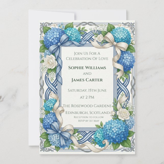 Blue Hydrangea Thistle Wedding Invitation (Front)