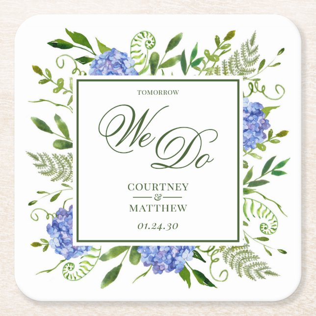 Blue Hydrangea Tomorrow We Do Square Paper Coaster (Front)