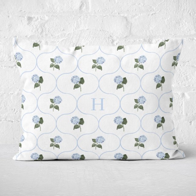 Blue Hydrangea Trellis Monogram   Decorative Cushion (Hydrangea Blue Trellis Monogram Lumbar Pillow)