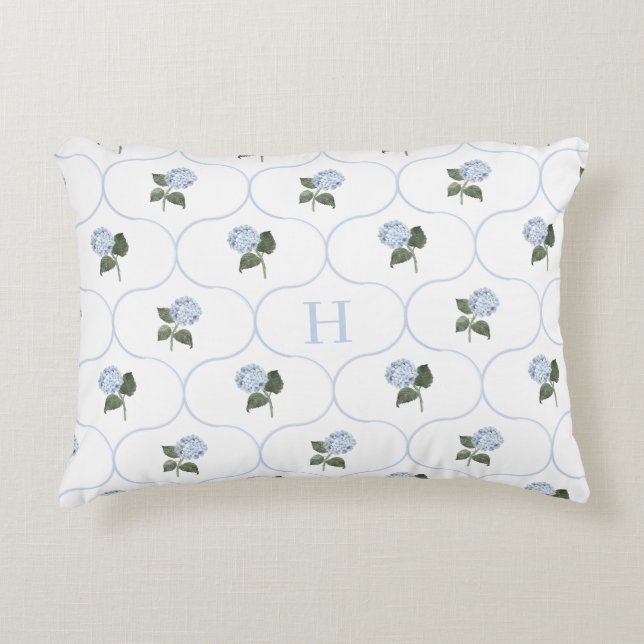 Blue Hydrangea Trellis Monogram   Decorative Cushion (Front)