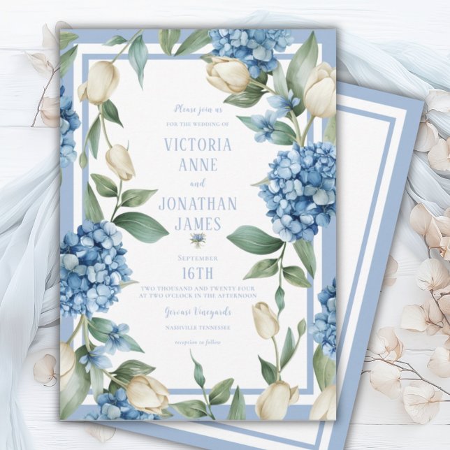 Blue Hydrangea & Tulip Wedding Invitation (Creator Uploaded)