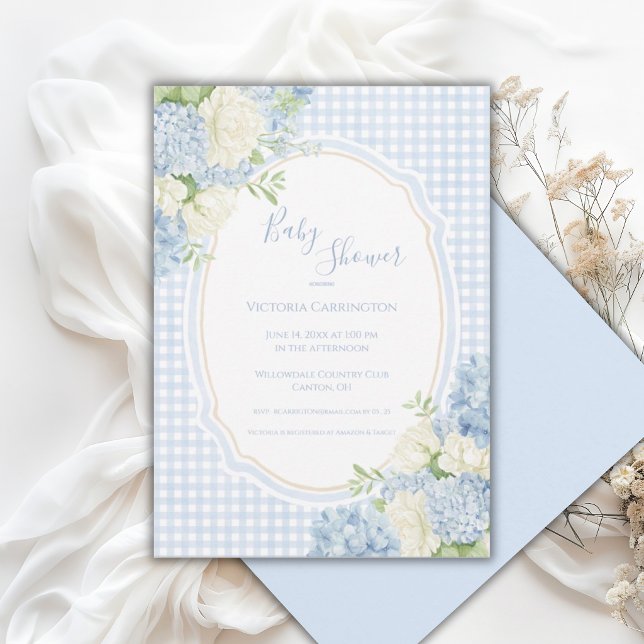 Blue Hydrangea Vintage Gingham Baby Shower  Invitation (Creator Uploaded)