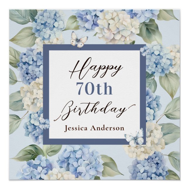 Blue Hydrangea Watercolor 70th Birthday Poster (Front)
