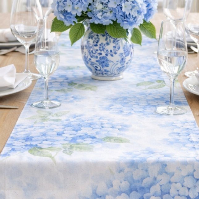 Blue Hydrangea Watercolor Coastal Table Runner (Create this complete coastal table look with our hydrangea runner and matching napkins.)