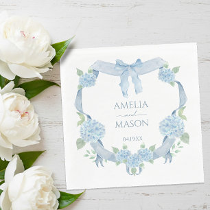 Blue Hydrangea Watercolor Crest Paper Wedding Napkin