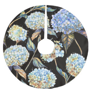 Blue Hydrangea Watercolor: Dark Seamless Pattern Brushed Polyester Tree Skirt