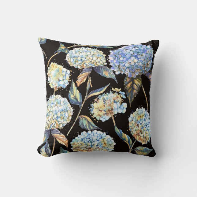 Blue Hydrangea Watercolor: Dark Seamless Pattern Cushion (Front)