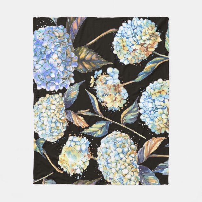 Blue Hydrangea Watercolor: Dark Seamless Pattern Fleece Blanket (Front)