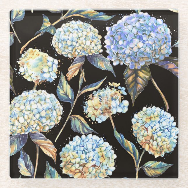 Blue Hydrangea Watercolor: Dark Seamless Pattern Glass Coaster (Front)