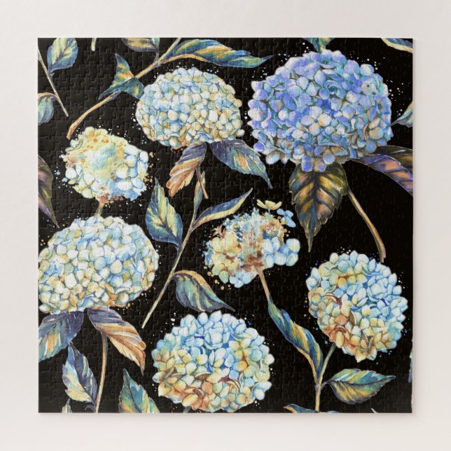 Blue Hydrangea Watercolor: Dark Seamless Pattern Jigsaw Puzzle (Vertical)