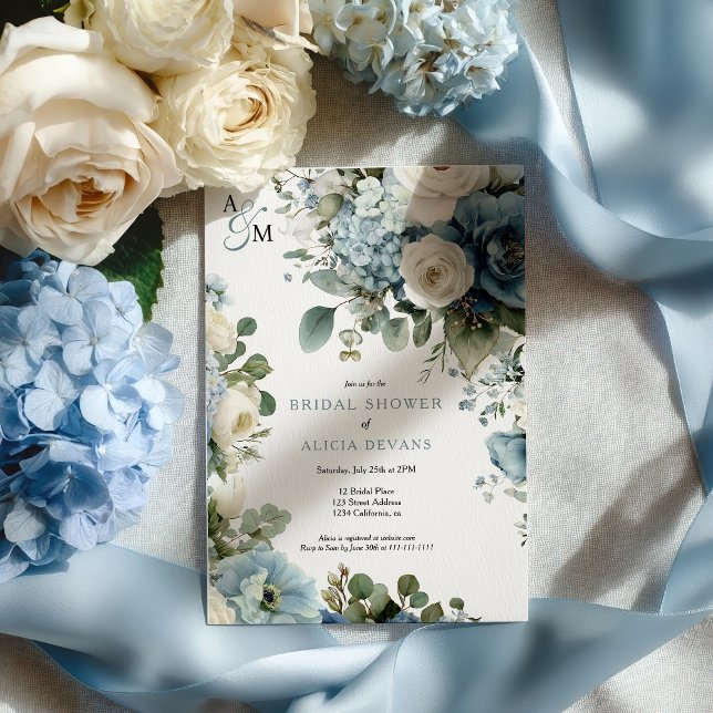 Blue Hydrangea Watercolor Floral Bridal Shower Invitation (Blue Hydrangea Watercolor Floral Bridal Shower Invitation)