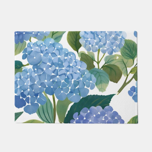 Blue Hydrangea Watercolor Floral Coastal Doormat (Front)
