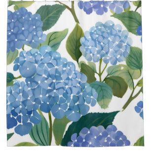 Blue Hydrangea Watercolor Floral Coastal Shower Curtain