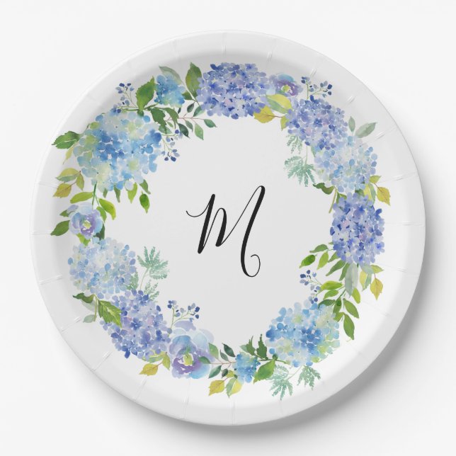Blue Hydrangea Watercolor Floral Monogram Paper Plate (Front)
