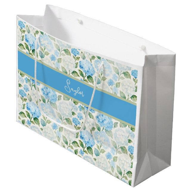 Blue Hydrangea Watercolor Floral Name Large Gift Bag (Front Angled)