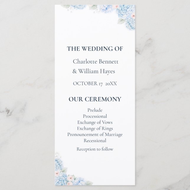 Blue Hydrangea Watercolor Floral Wedding Program (Front)