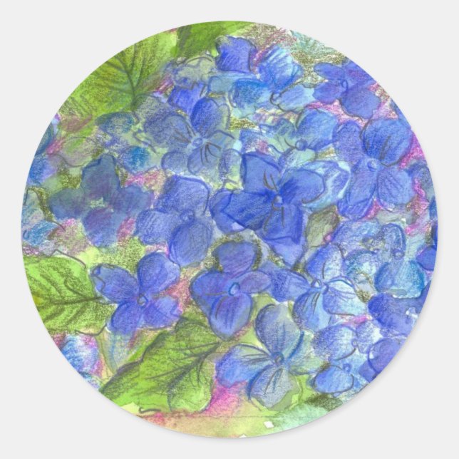 Blue Hydrangea Watercolor Flowers Painting Classic Round Sticker (Front)