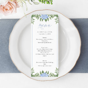 Blue Hydrangea Watercolor Flowers Wedding Menu