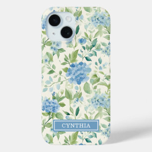 Blue Hydrangea Watercolor Monogrammed iPhone 15 Case