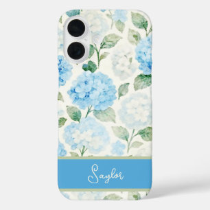 Blue Hydrangea Watercolor Name iPhone 16 Case