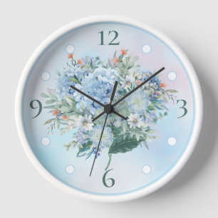 Blue Hydrangea Watercolor Round Wall Clock