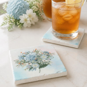 Blue Hydrangea Watercolor Square Coaster