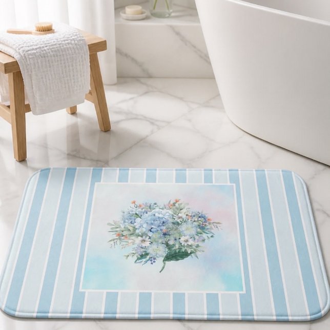 Blue Hydrangea Watercolor Striped Bath Mat (Creator Uploaded)