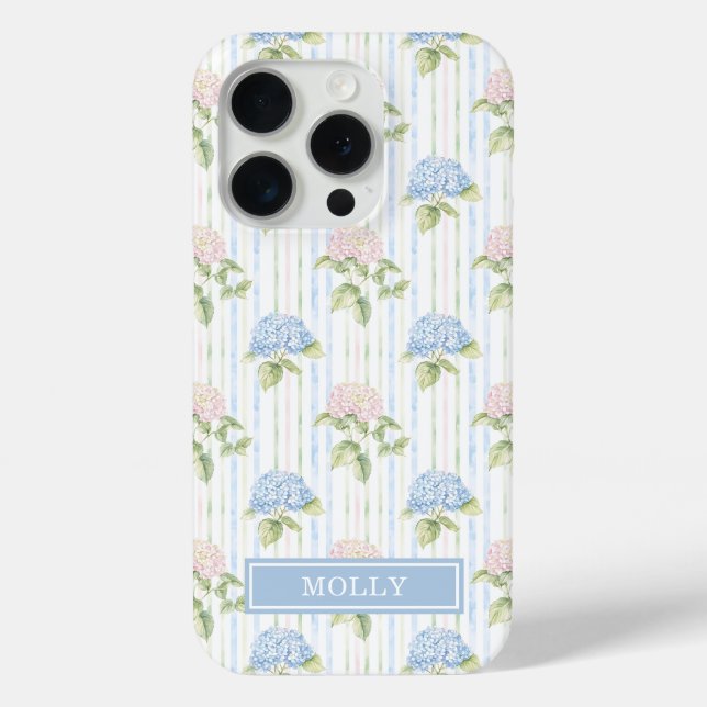 Blue Hydrangea Watercolor Striped Personalised Case-Mate iPhone Case (Back)