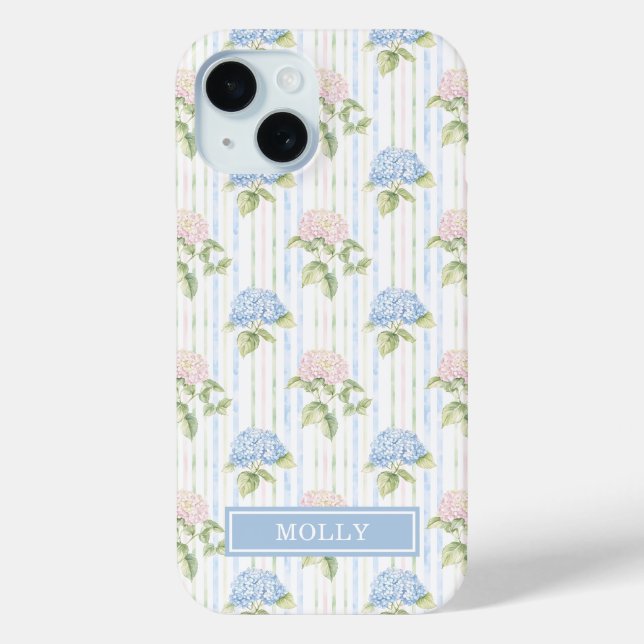 Blue Hydrangea Watercolor Striped Personalised Case-Mate iPhone Case (Back)