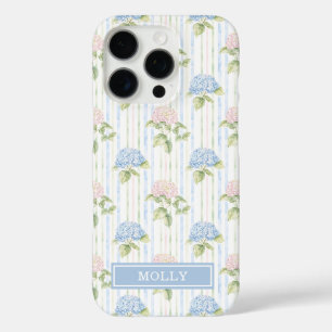 Blue Hydrangea Watercolor Striped Personalised  iPhone 16 Pro Case