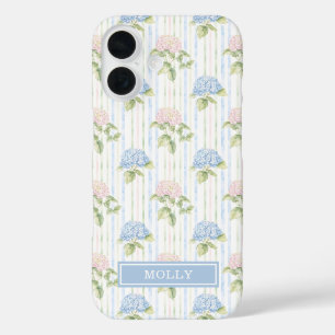 Blue Hydrangea Watercolor Striped Personalised iPhone 16 Case