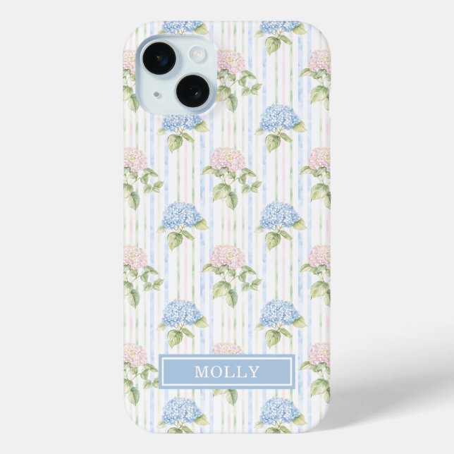Blue Hydrangea Watercolor Striped Personalised Case-Mate iPhone Case (Back)