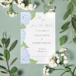 Blue Hydrangea Watercolor Wedding with QR Code Announcement Postcard