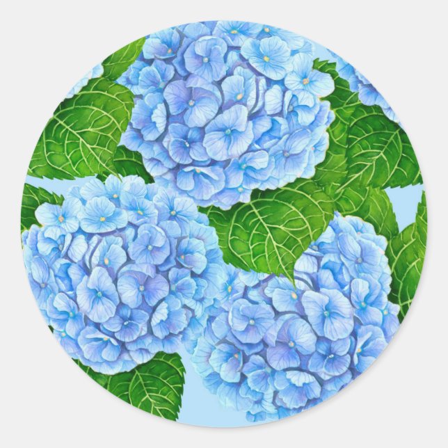 Blue hydrangea waterolor pattern classic round sticker (Front)