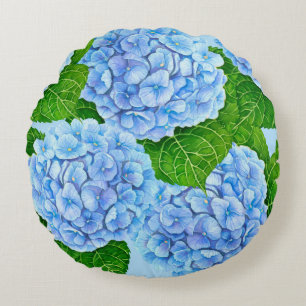 Blue hydrangea waterolor pattern round cushion