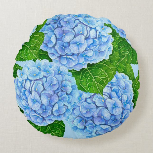 Blue hydrangea waterolor pattern round cushion (Front)