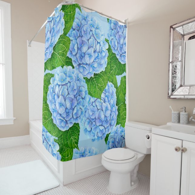 Blue hydrangea waterolor pattern shower curtain (In Situ)