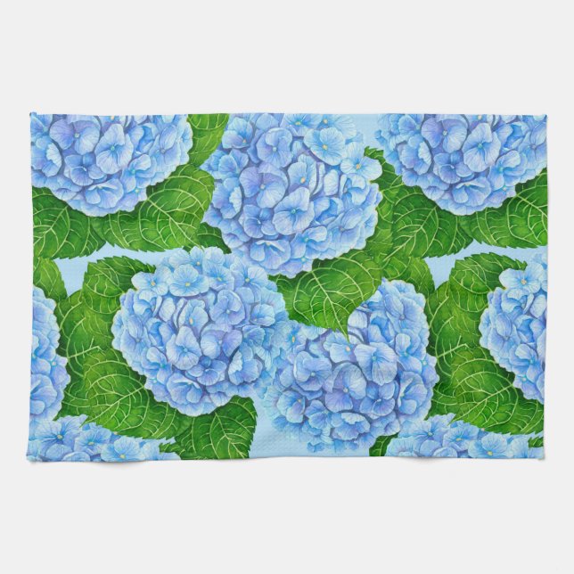 Blue hydrangea waterolor pattern tea towel (Horizontal)