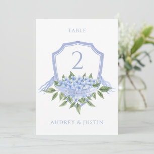 Blue Hydrangea Wedding Crest Table Card
