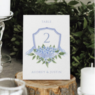 Blue Hydrangea Wedding Crest Table Card