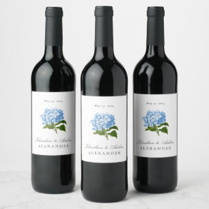 Blue Hydrangea Wedding Date and Names Wine Label