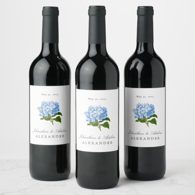 Blue Hydrangea Wedding Date and Names Wine Label (Bottles)
