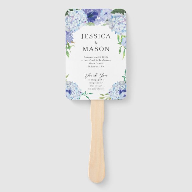 Blue Hydrangea Wedding Fan Program (Front)