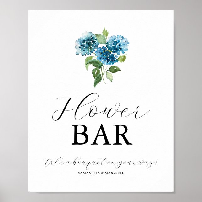 Blue Hydrangea Wedding Flower Bar Signs (Front)
