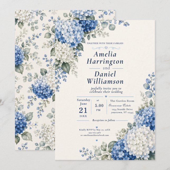 Blue Hydrangea Wedding Invitation (Front/Back)