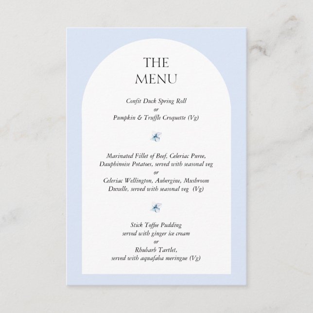 Blue Hydrangea Wedding Invite Menu Choice Card (Front)