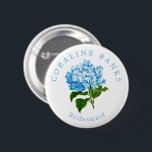 Blue Hydrangea Wedding Party Bridesmaid 6 Cm Round Badge<br><div class="desc">Help your wedding party get to know each other with these beautifully simple and fun wearable buttons featuring easy to customize,  elegant,  arched name text the title role they'll play on your wedding day. Chic text encircles an antique illustration of a French blue hydrangea flower in pretty,  grandmillennial style.</div>