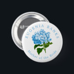 Blue Hydrangea Wedding Party Mother of Bride 6 Cm Round Badge<br><div class="desc">Help your wedding party get to know each other with these beautifully simple and fun wearable buttons featuring easy to customise,  elegant,  arched name text the title role they'll play on your wedding day. Chic text encircles an antique illustration of a French blue hydrangea flower in pretty,  grandmillennial style.</div>