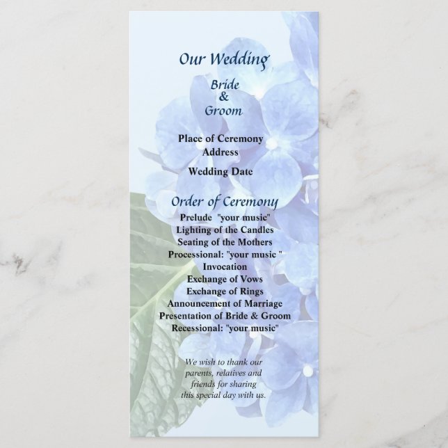 Blue Hydrangea Wedding Program (Front)