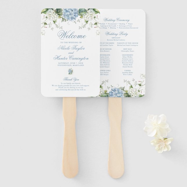 Blue Hydrangea Wedding Program Hand Fan (Front and Back)